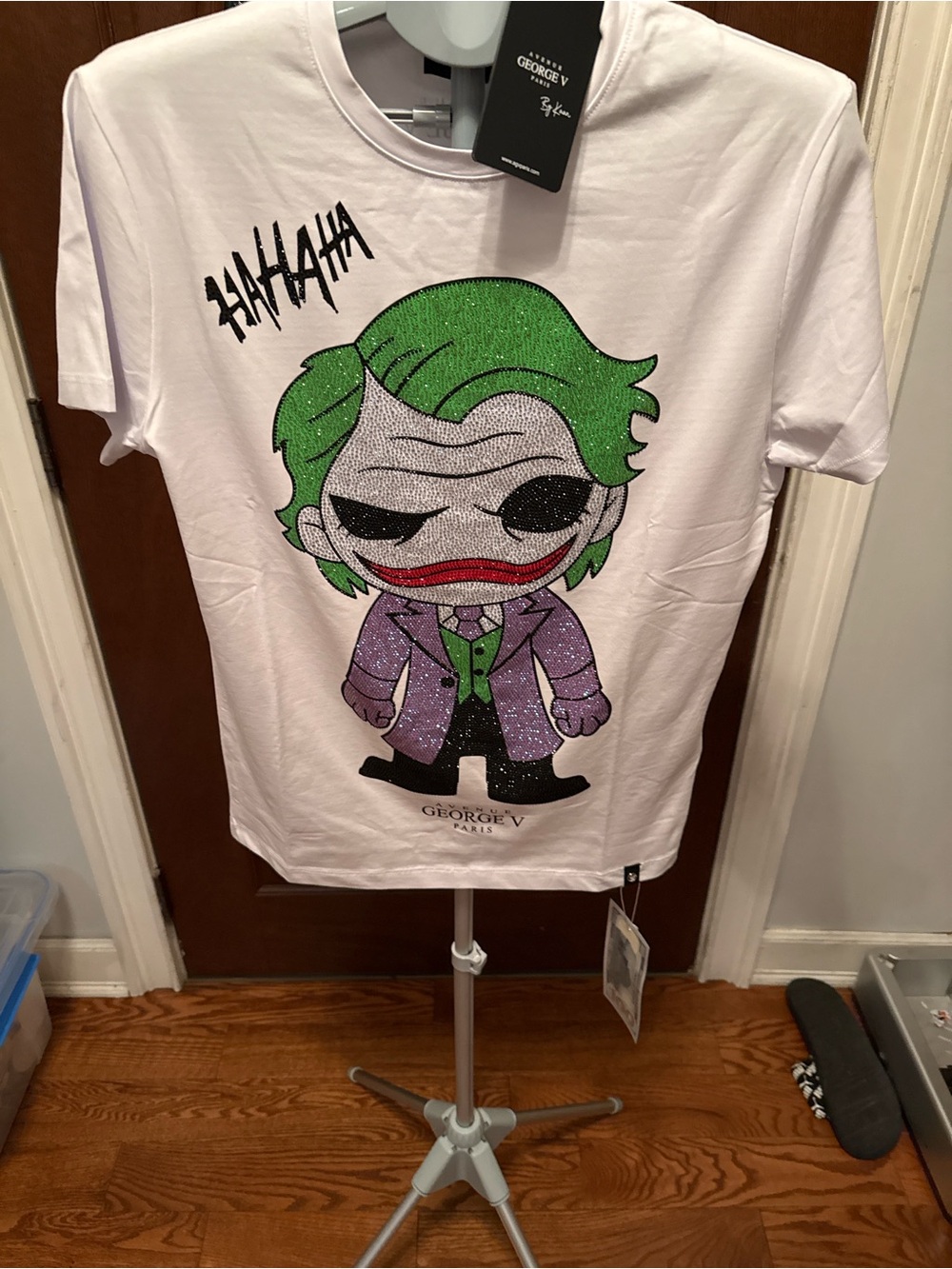 Avenue George V Paris White Tee with Green, Purple & Red Joker Graphic